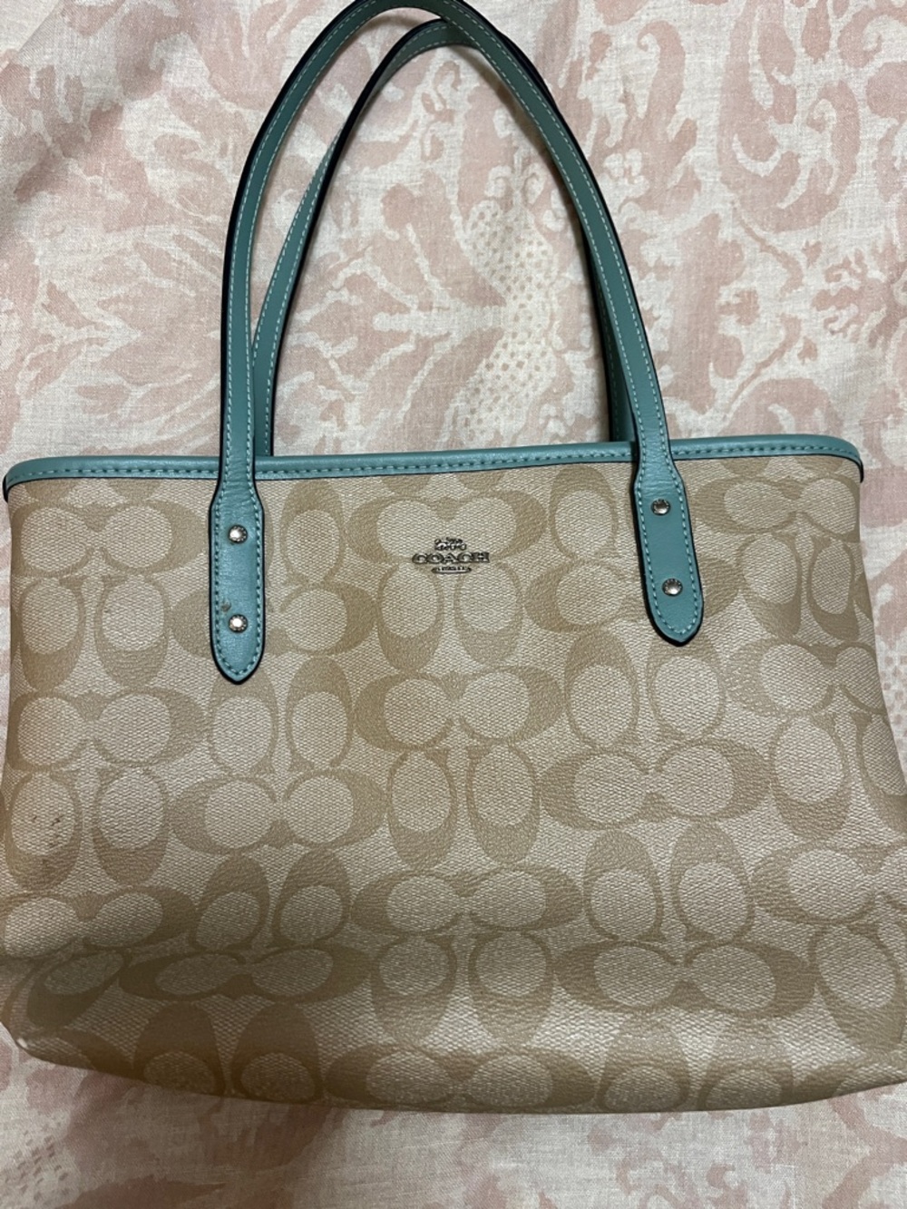 Coach Beige Monogram Tote with Teal Trim